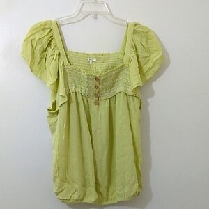 Maurice's Peasant Square Neck Green Smocked‎ Top Size 1X Flutter Sleeve